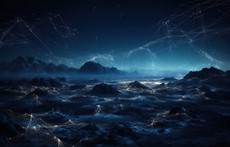 Futuristic abstract background with technology connection lines and planets. 3D renderingの素材