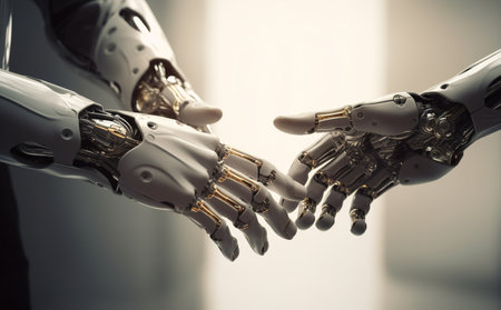 Robot hand shake with human hand. Concept of teamwork and partnership.の素材