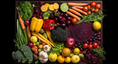 full frame of fresh organic vegetables and fruits, top viewの素材