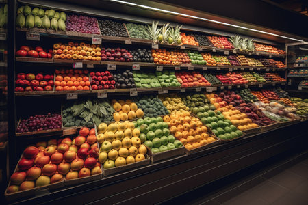 Vegetables and fruits on shelf in supermarketの素材