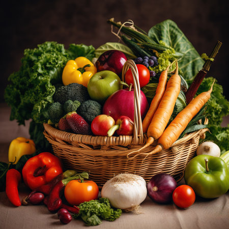 Fresh organic vegetables and fruits in wicker basketの素材