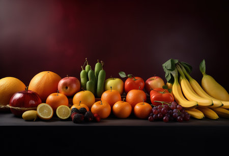 a rainbow of vegetables and fruit on the table in dark background, front viewの素材