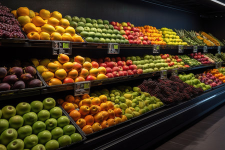 Vegetables and fruits on shelf in supermarketの素材