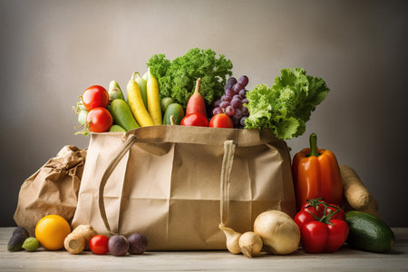 Healthy food in paper bag vegetables and fruitsの素材