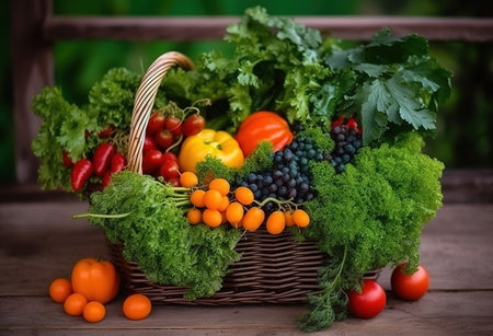 Fresh organic vegetables and fruits in wicker basketの素材