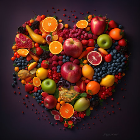 fresh vegetables and fruits lined up in a row with dark backgroundの素材