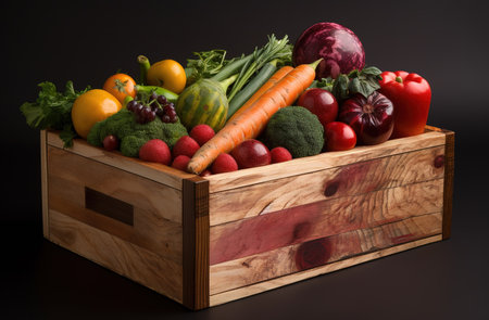 wooden box with a variety of fruit and vegetablesの素材