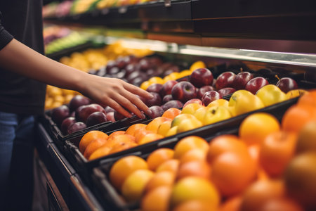 Vegetables and fruits on shelf in supermarket, one hands pick up fruitの素材