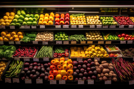 Vegetables and fruits on shelf in supermarketの素材