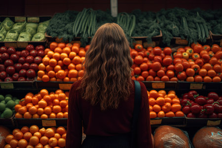 woman standing in the shelf of Vegetables and fruits in supermarketの素材