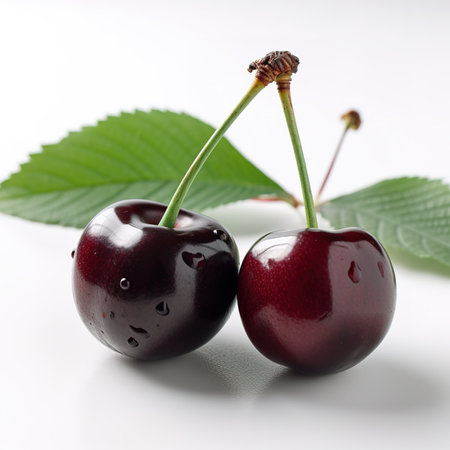 two cherries on white background with leavesの素材