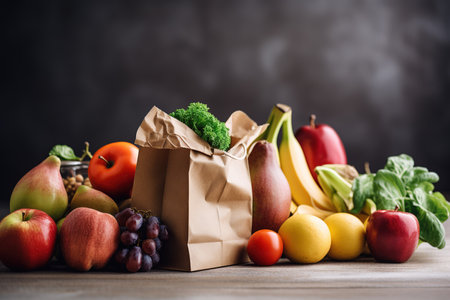 Healthy food in paper bag vegetables and fruitsの素材