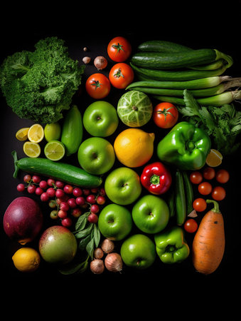 fresh vegetables and fruits lined up in a row with dark backgroundの素材
