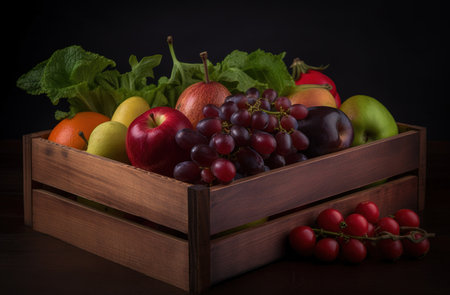 wooden box with a variety of fruit and vegetablesの素材