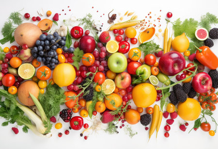 fresh vegetables and fruits lined up in a row with white backgroundの素材