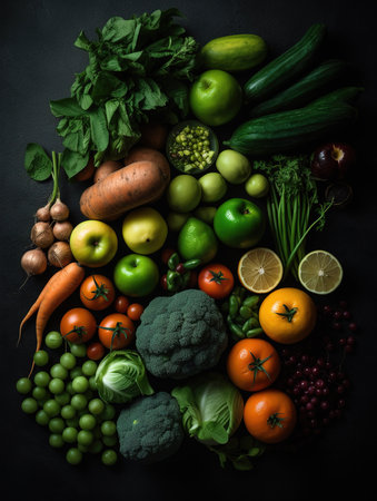 fresh vegetables and fruits lined up in a row with dark backgroundの素材
