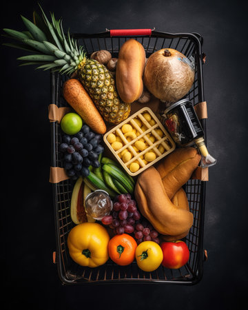 supermarket shopping cart with food in the black background, top viewの素材