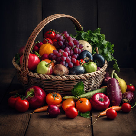 Fresh organic vegetables and fruits in wicker basketの素材