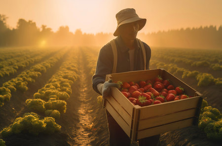 In the morning, farmers collect strawberries in the orchardの素材