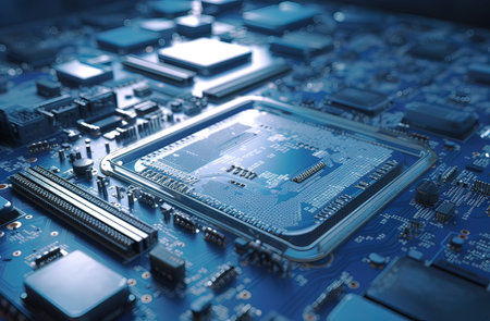 Close-up of electronic circuit board. Technology and science background.の素材