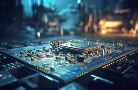Close-up of electronic circuit board. Technology and science background.の素材