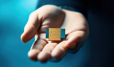 Businessman holding a small circuit in his hand. Close-upの素材