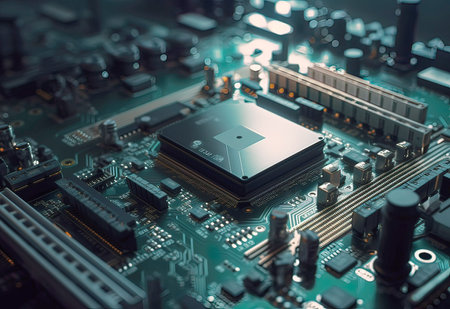 Close-up of electronic circuit board. Technology and science background.の素材