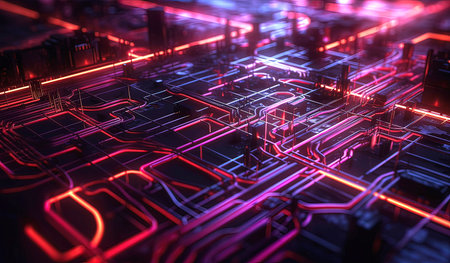 circuit board with neon lights. Technology background.の素材