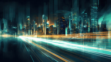 Cityscape with skyscrapers on the background, Highway with motion blur to create vision of fast speed, light trails on the road at nightの素材