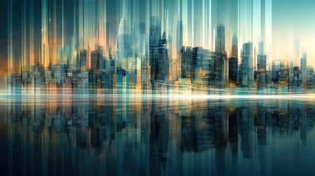 Futuristic cityscape with buildings and skyscrapers in blue tonesの素材