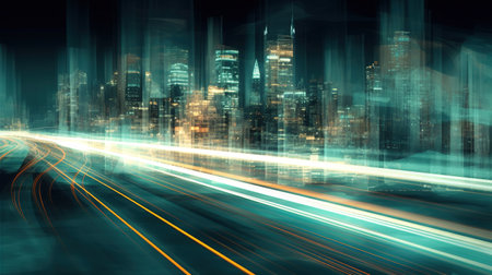 Cityscape with skyscrapers on the background, Highway with motion blur to create vision of fast speed, light trails on the road at nightの素材