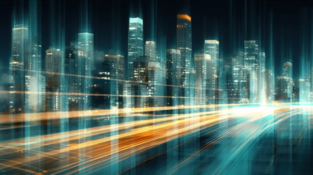 Cityscape with skyscrapers on the background, Highway with motion blur to create vision of fast speed, light trails on the road at nightの素材