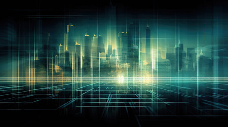 Futuristic cityscape with buildings and skyscrapers in blue tonesの素材