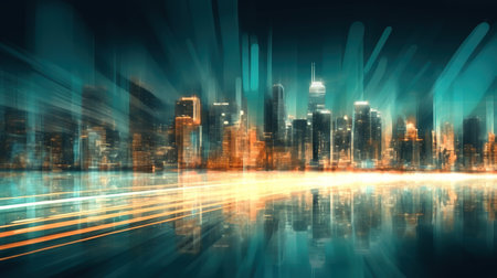 Cityscape with skyscrapers on the background, Highway with motion blur to create vision of fast speed, light trails on the road at nightの素材