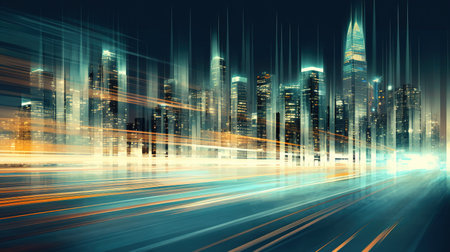 Cityscape with skyscrapers on the background, Highway with motion blur to create vision of fast speed, light trails on the road at nightの素材