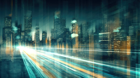 Cityscape with skyscrapers on the background, Highway with motion blur to create vision of fast speed, light trails on the road at nightの素材