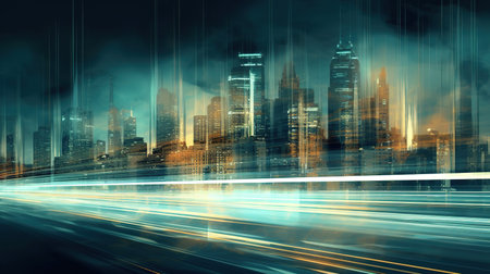 Cityscape with skyscrapers on the background, Highway with motion blur to create vision of fast speed, light trails on the road at nightの素材