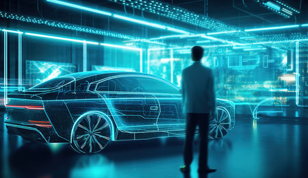 man and car on a futuristic backgroundの素材