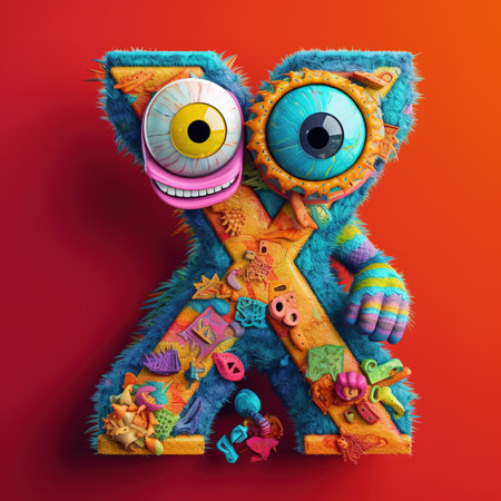 Cute funny alphabet monster with English letter and number, color studio product photographyの素材