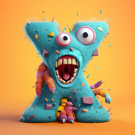 Cute funny alphabet monster with English letter and number, color studio product photographyの素材