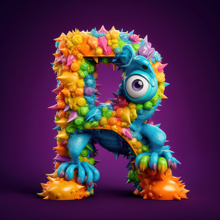Cute funny alphabet monster with English letter and number, color studio product photographyの素材