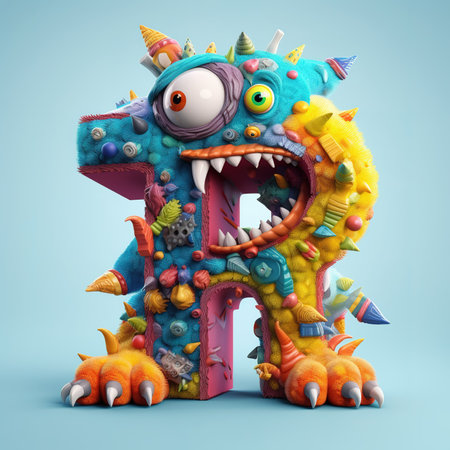 Cute funny alphabet monster with English letter and number, color studio product photographyの素材