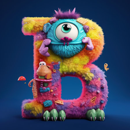 Cute funny alphabet monster with English letter and number, color studio product photographyの素材