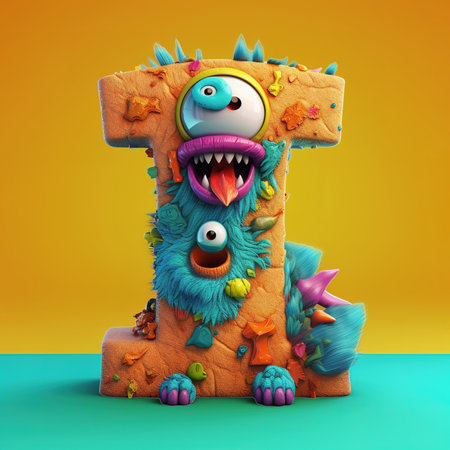 Cute funny alphabet monster with English letter and number, color studio product photographyの素材