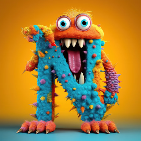 Cute funny alphabet monster with English letter and number, color studio product photographyの素材