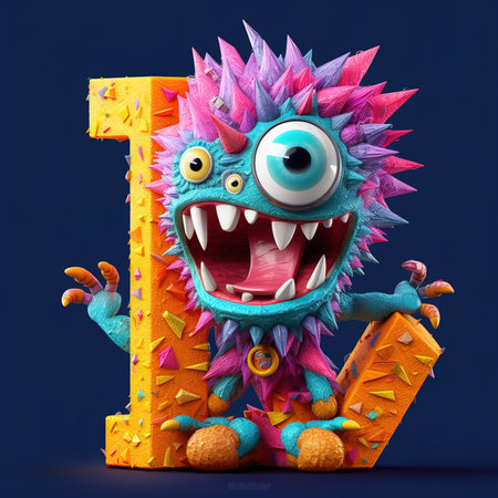 Cute funny alphabet monster with English letter and number, color studio product photographyの素材