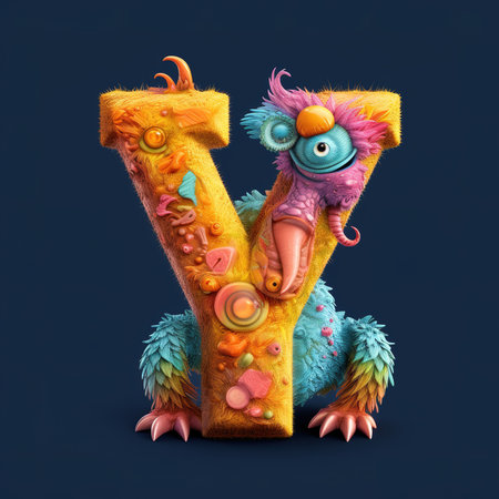 Cute funny alphabet monster with English letter and number, color studio product photographyの素材