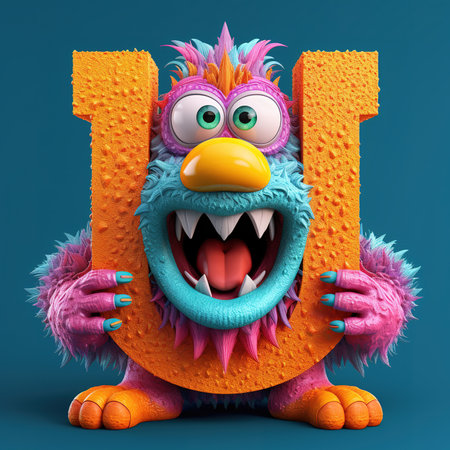 Cute funny alphabet monster with English letter and number, color studio product photographyの素材