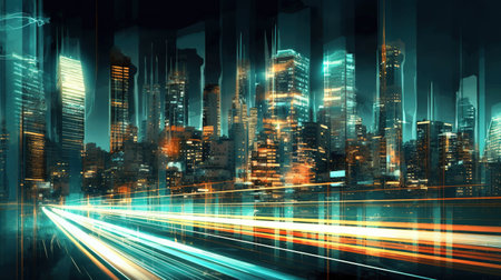 Cityscape with skyscrapers on the background, Highway with motion blur to create vision of fast speed, light trails on the road at night, created with generative AI technologyの素材