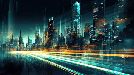 Cityscape with skyscrapers on the background, Highway with motion blur to create vision of fast speed, light trails on the road at night, created with generative AI technologyの素材